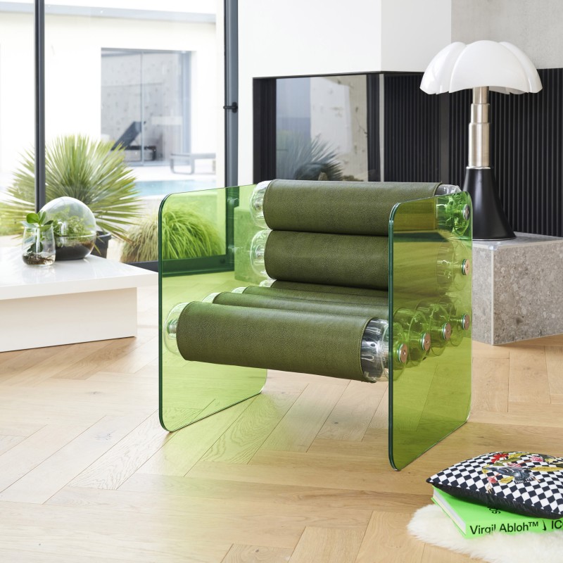 Armchair MW01 Transparent - Green seat - GLASS - Handmade in France.