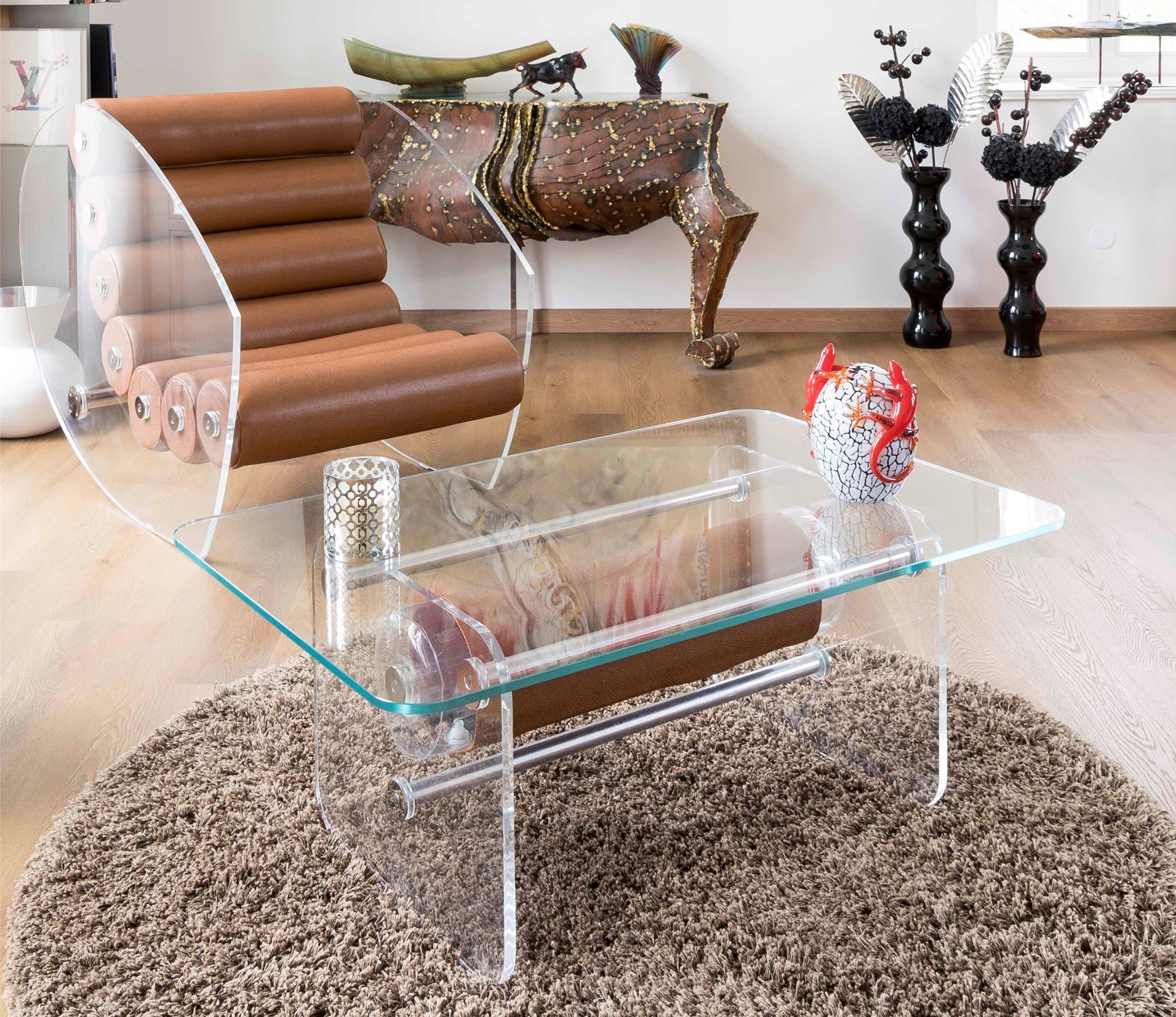 Handmade MW Design Table in Glass Made in France. By Olivier Santini.