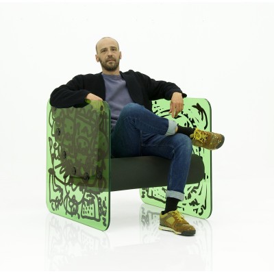 Design armchair limited edition MW02 X NEP "Interface(s)" in glass - foam seat - Printed glass.