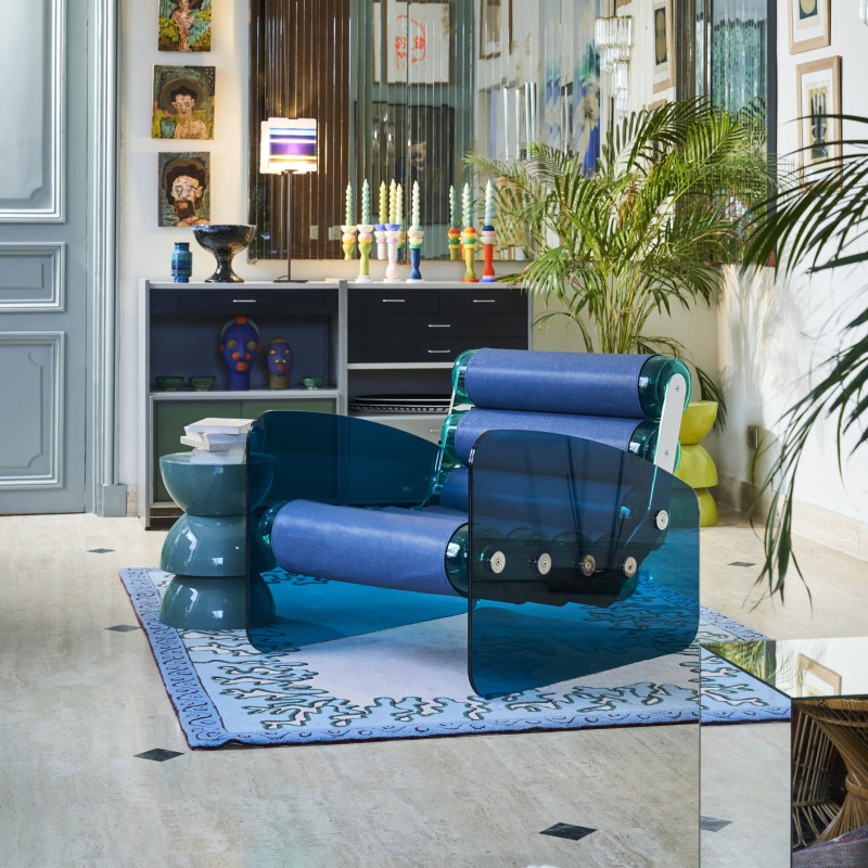 Design armchair MW03 - Blue Seat - Blue Glass - Eco-friendly Green TPU - Handcrafted in France