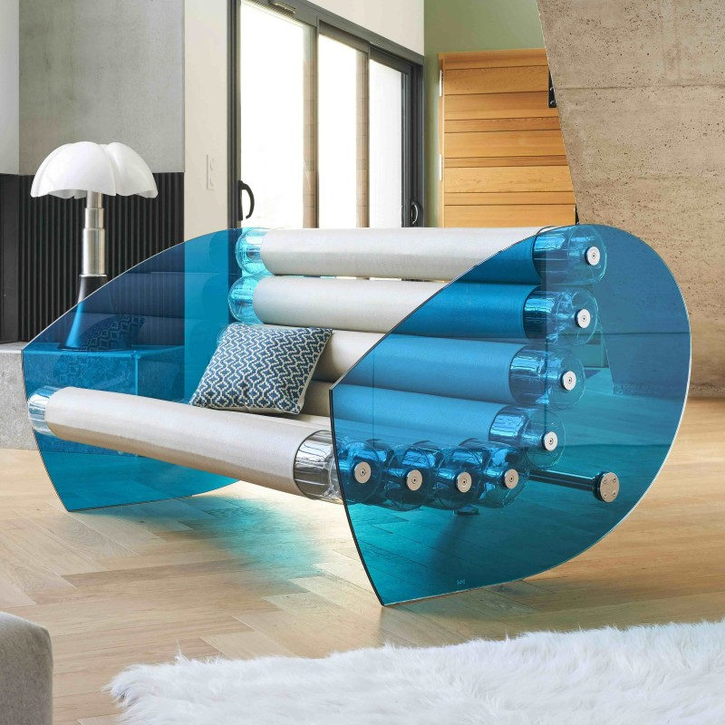 Blue MW05 Design Sofa in Glass Made in France. By Olivier Santini.