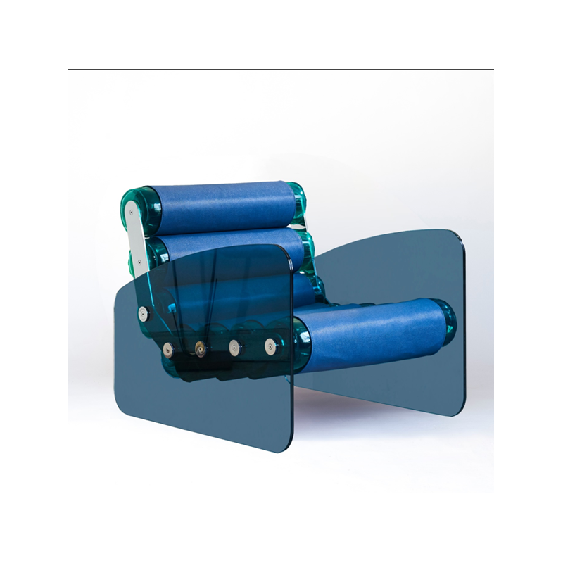 Design armchair MW03 - Blue Seat - Blue Glass - Eco-friendly Green TPU - Handcrafted in France