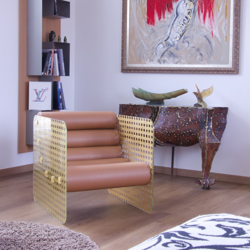 MW02 "Cannage Gold" Armchair - Limited Edition - Brown leather and foam seat - Glass and gold leaf