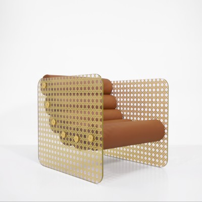 Sessel MW02 "Cannage OR" - Limitierte Auflage - Sitzfläche aus Schaumstoff und braunem Leder - Glas und Blattgold Sessel MW02 "Cannage OR" - Limitierte Auflage - Sitzfläche aus Schaumstoff und braunem Leder - Glas und Blattgold