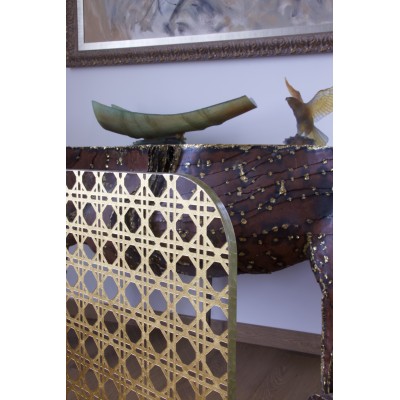 Sessel MW02 "Cannage OR" - Limitierte Auflage - Sitzfläche aus Schaumstoff und braunem Leder - Glas und Blattgold Sessel MW02 "Cannage OR" - Limitierte Auflage - Sitzfläche aus Schaumstoff und braunem Leder - Glas und Blattgold