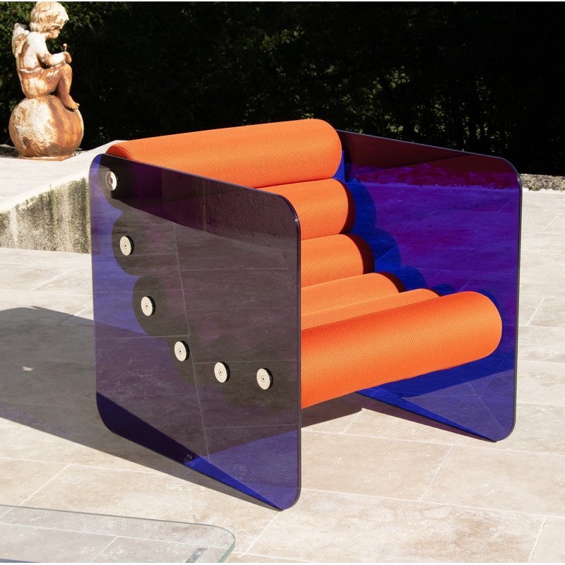 Sessel Design MW02 "POP" aus Glas - Sitz Orange - Handgefertigt in Frankreich.