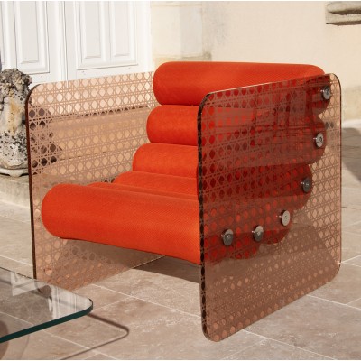 Fauteuil design MW02 modèle cannage - Assise orange - Fait main en France Fauteuil design MW02 modèle cannage - Assise orange - Fait main en France
