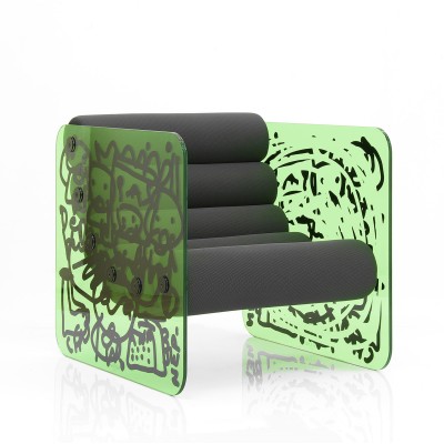 Design armchair limited edition MW02 X NEP "Interface(s)" in glass - foam seat - Printed glass.