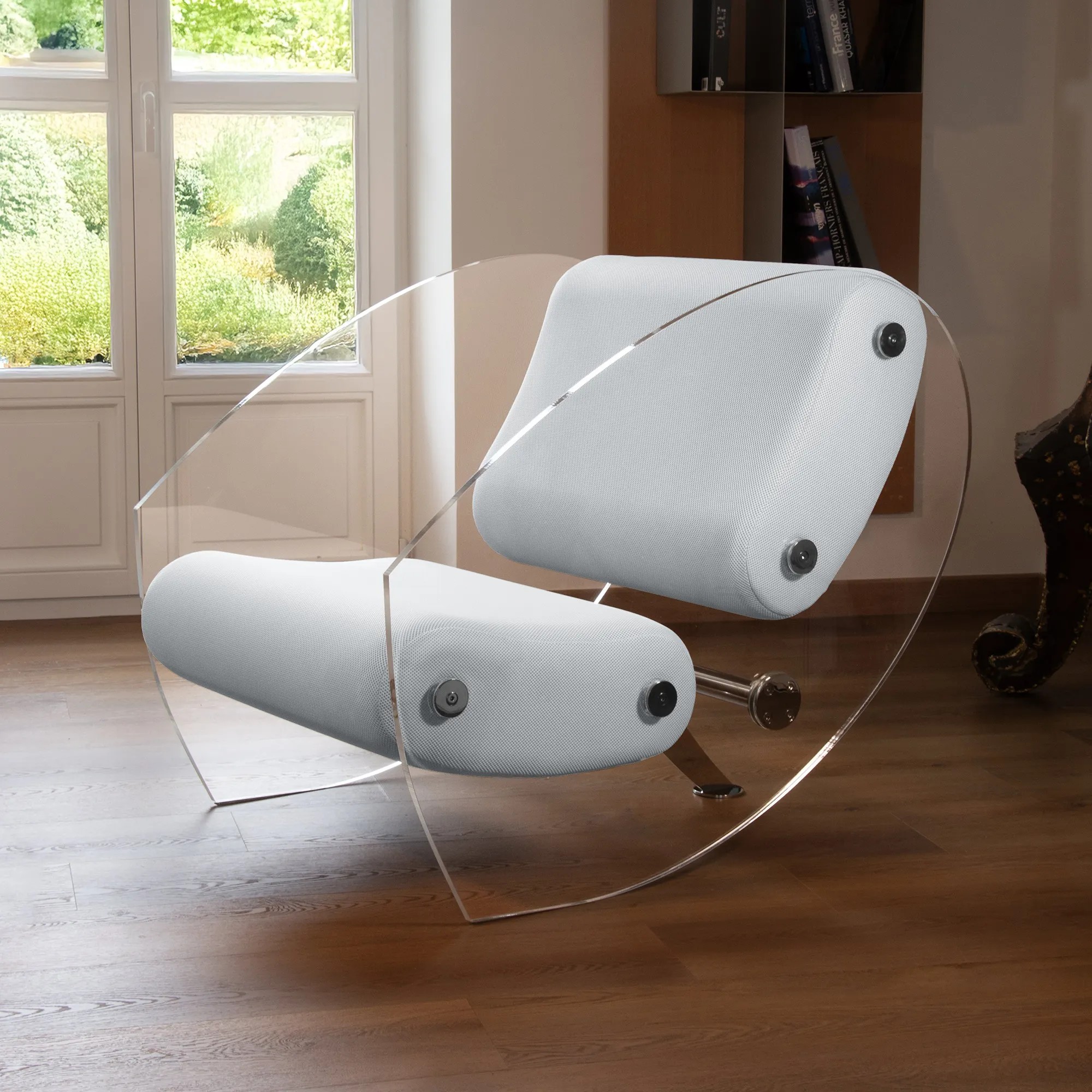 MW07 designer armchair in PMMA or tempered glass – Foam seat – Handmade in France.