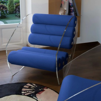 MW07 R6 designer armchair in PMMA or tempered glass – Foam seat – Handmade in France.