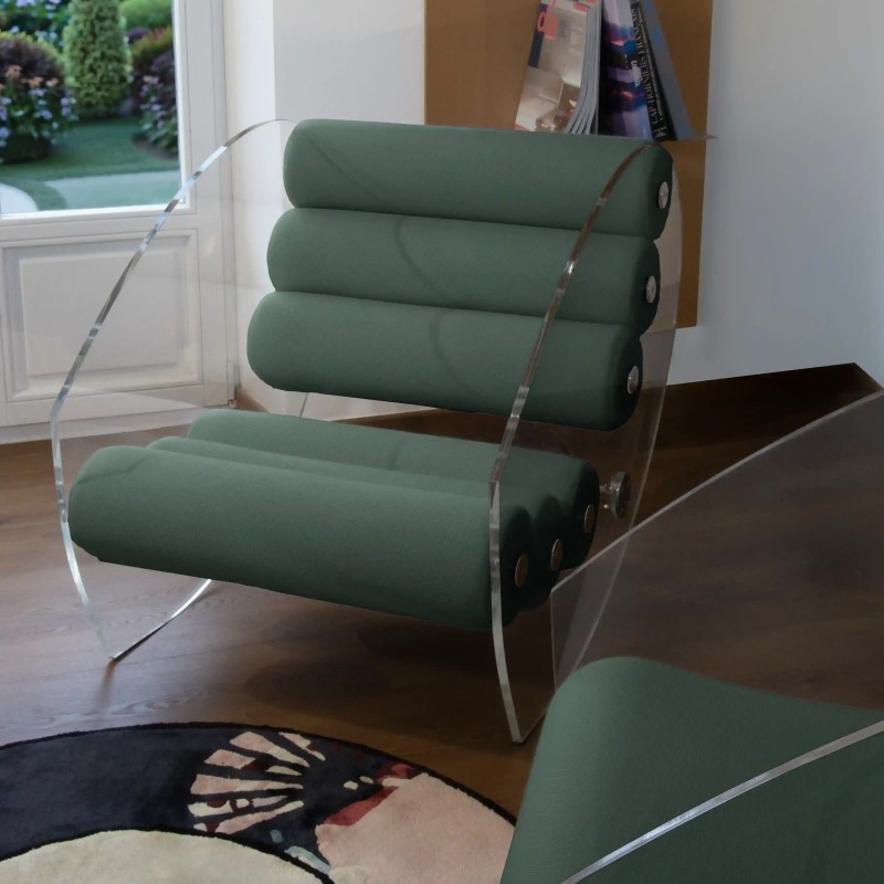 Fauteuil design MW07 R6 en PMMA ou verre trempé – Assise en mousse – Fait main en France.