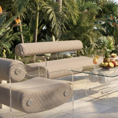 MW04 designer bench – Cast PMMA panels, bean-shaped foam seat